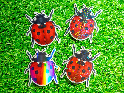 Four colorful ladybug-shaped objects on a grass background