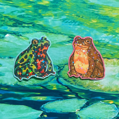 Holographic Toad Stickers / Fire-bellied + Common toad / handmade artist vinyl sticker / nature frog stationery