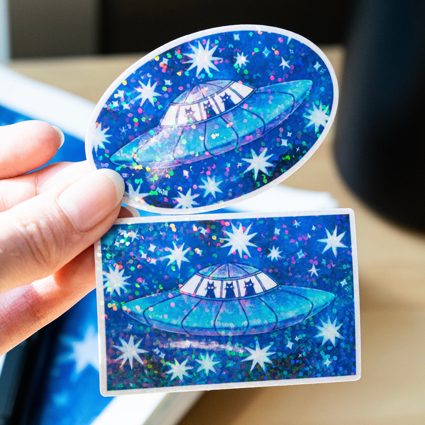 FUR-ST CONTACT cute cat alien sticker / handmade artist vinyl sticker / holographic stars / stationery