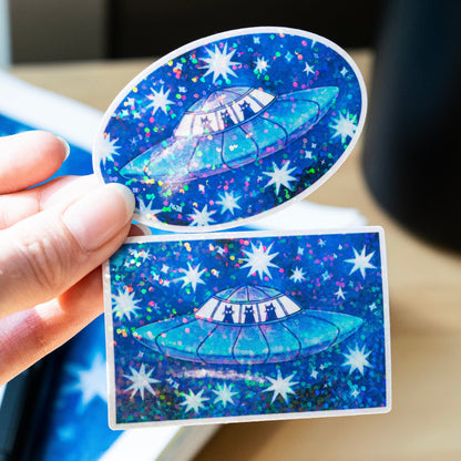 FUR-ST CONTACT cute cat alien sticker / handmade artist vinyl sticker / holographic stars / stationery