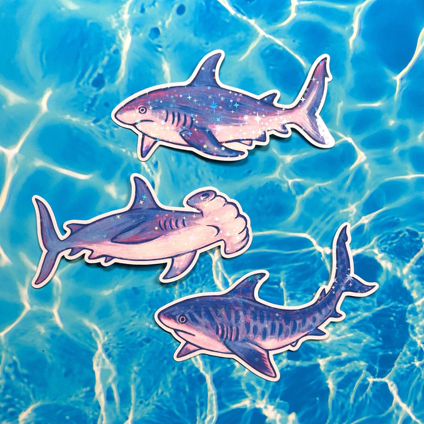 Holographic Shark Stickers / Tiger + Hammerhead + Reef shark / handmade artist vinyl sticker / nature stationery