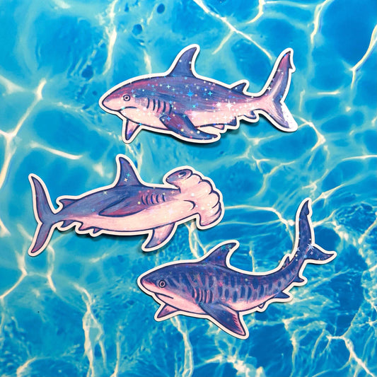 Holographic Shark Stickers / Tiger + Hammerhead + Reef shark / handmade artist vinyl sticker / nature stationery