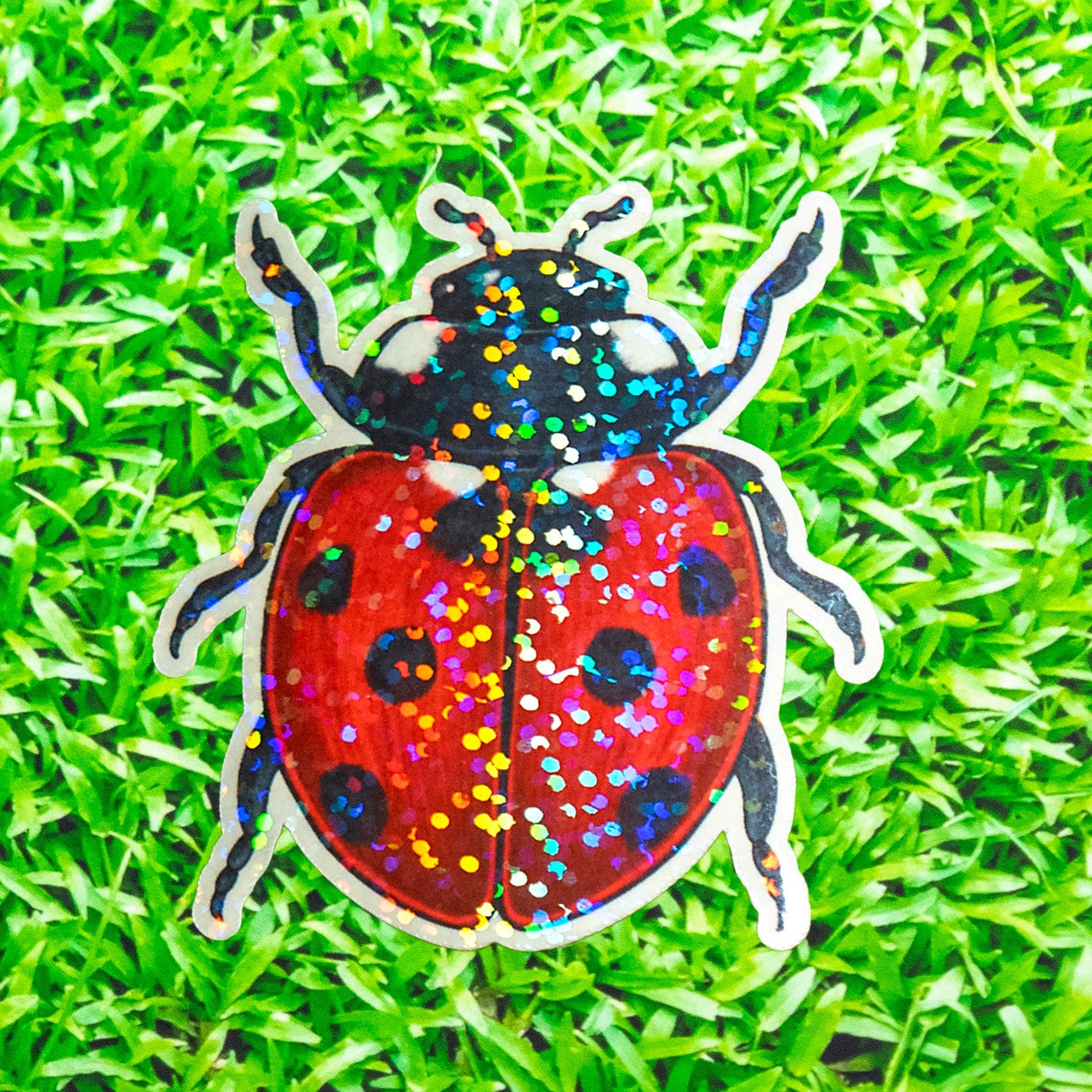 Colorful glittery ladybug sticker on green grass