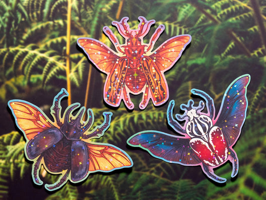Beetle Holographic Sticker Set / Goliath + Atlas + Sabertooth / handmade artist vinyl sticker / nature stationery