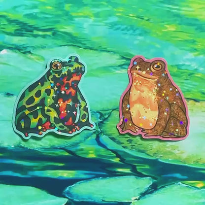 Holographic Toad Stickers / Fire-bellied + Common toad / handmade artist vinyl sticker / nature frog stationery